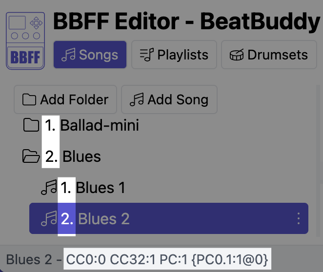 Screenshot showing numbered folders, songs, and the MIDI commands in the status bar